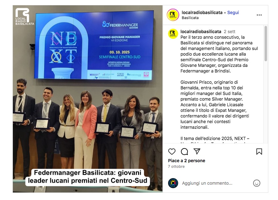 La carta stampata e i blog celebrano il successo dei Manager Lucani al Premio Giovane Manager